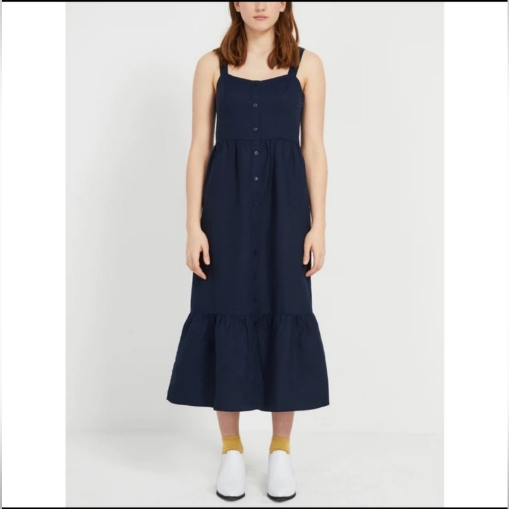 Frank and Oak Navy Blue Button Down Ruffle Sun Dress Sleeveless Size Medium